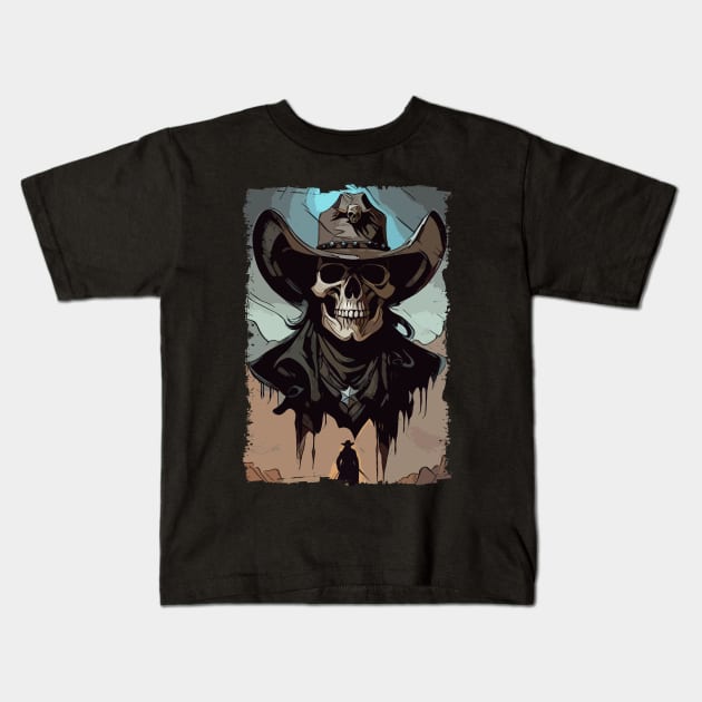 Grunge VIntage Style Wild West Cowboy Skull Sheriff Illustration Kids T-Shirt by Naumovski